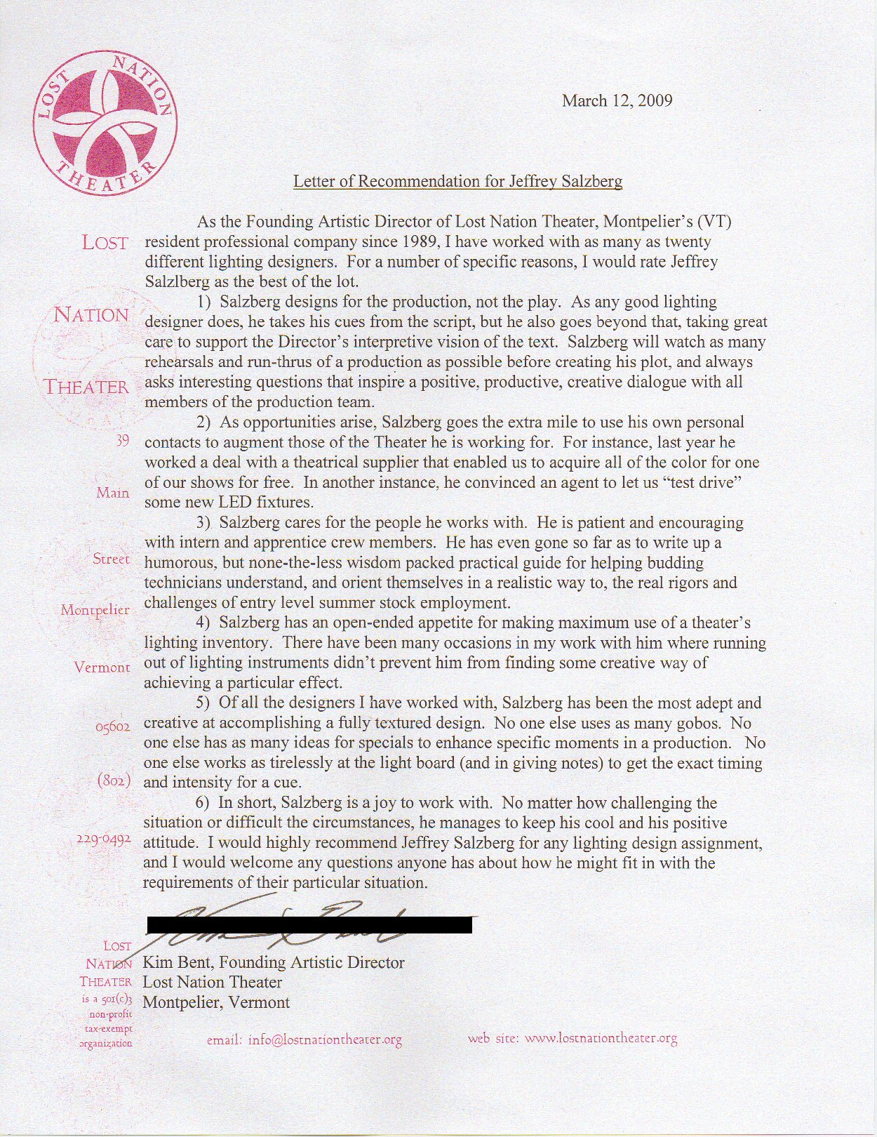 jeffrey e salzberg lighting designer for dance and theatre dance letter of recommendation