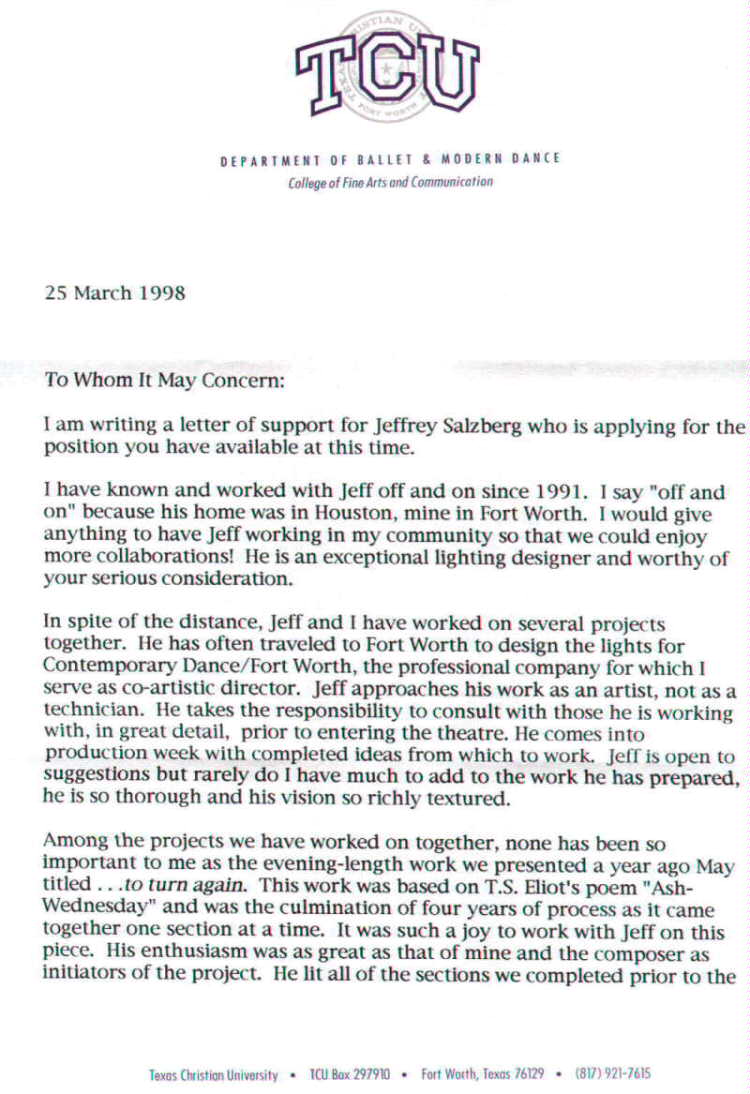 jeffrey e salzberg lighting designer for dance and theatre dance letter of recommendation