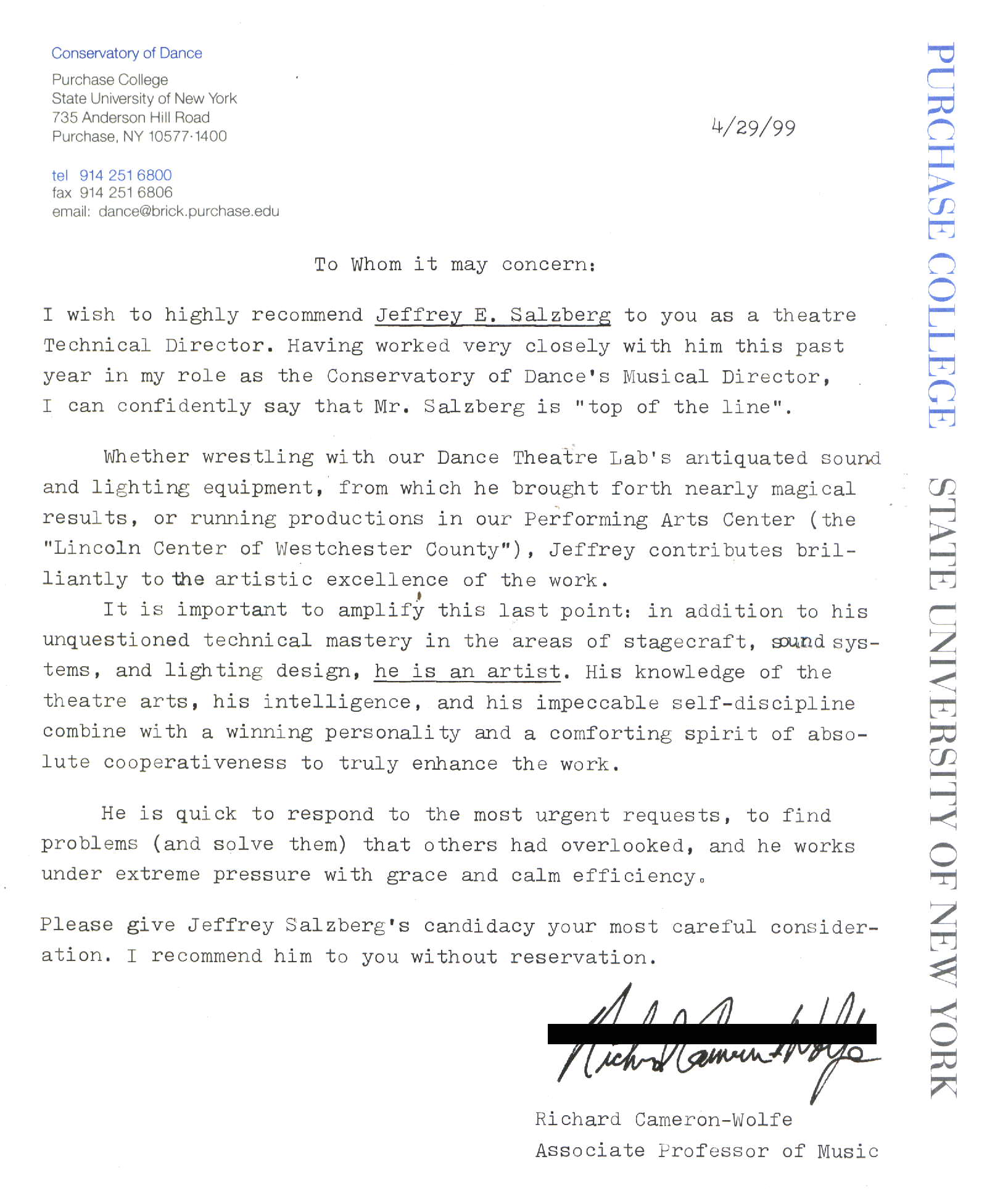 jeffrey e salzberg lighting designer for dance and letter of recommendation for dance student